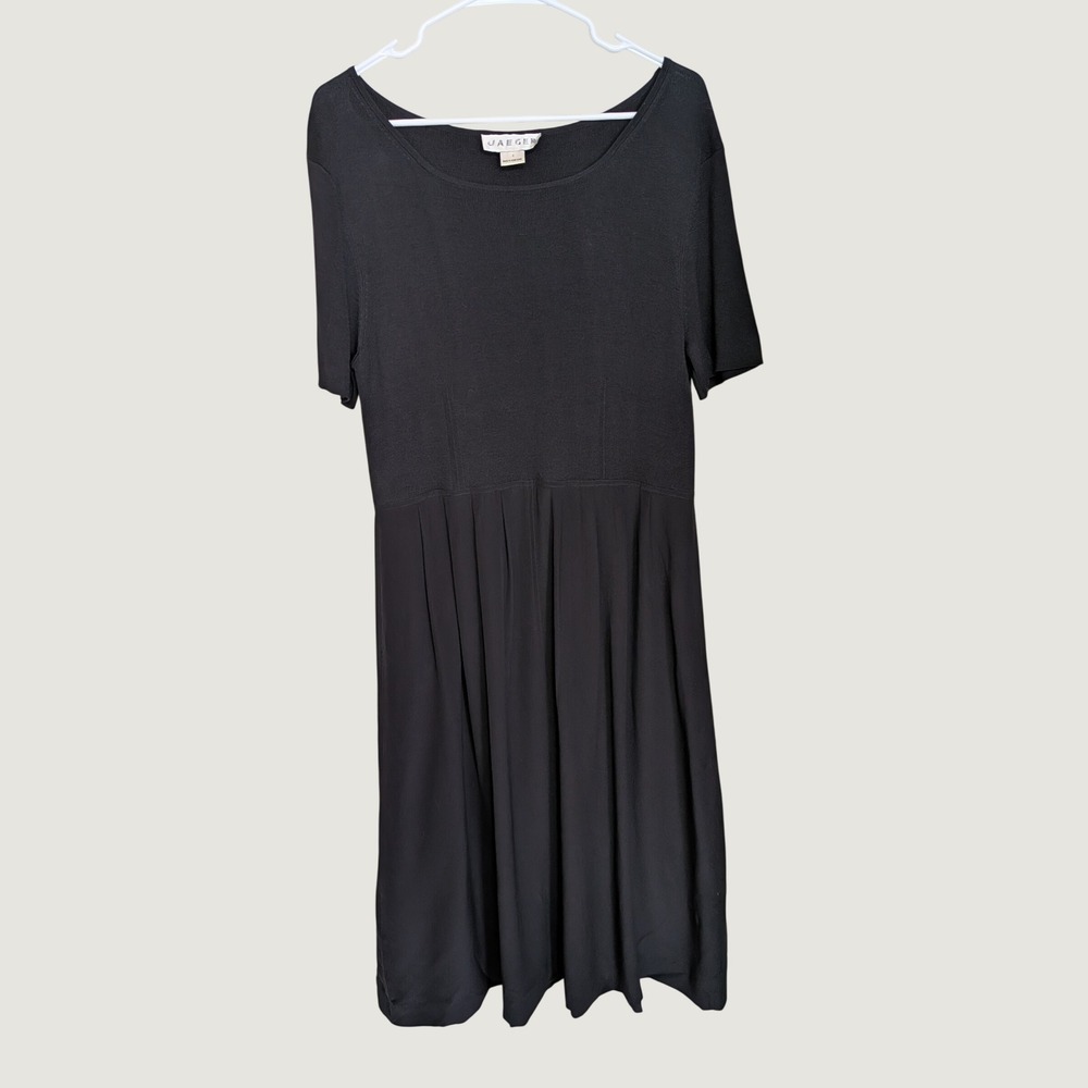 Jaeger Vintage Black 100% Silk Knit Mixed Media Midi Dress Short Sleeve Small